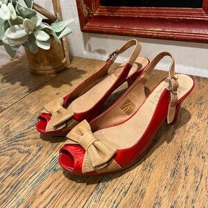 ❤️ WONDERS RED SLINGBACK HEELS WITH BOW - SIZE 38 - 100% LEATHER